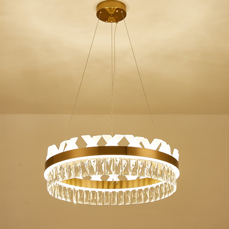 Contemporary Gold Led Chandelier - Clear Crystal Halo Pendant Light