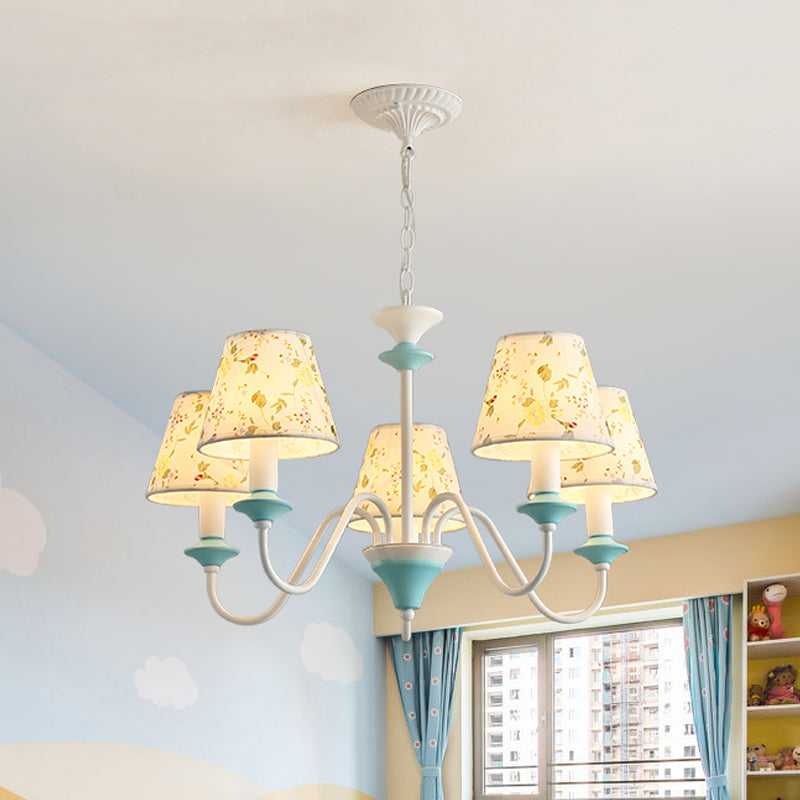 Blue Conical Pendant Chandelier With Printed Fabric - 5 Lights Pastoral Style