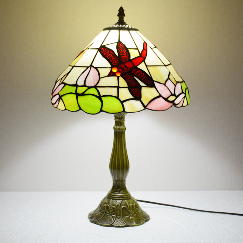 Stained Glass Cone Night Lamp Tiffany Bronze Finish - Handcrafted Dragonfly & Lotus Pattern 1-Light