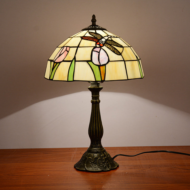 Tiffany Dragonfly Nightstand Lamp With Colorful Bowl Shade Beige