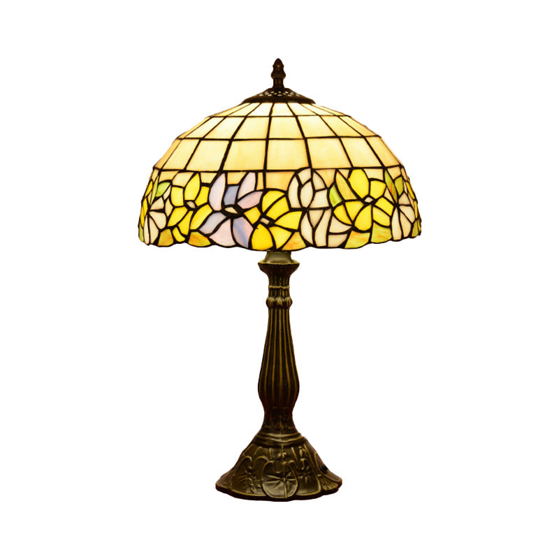 Tiffany Cut Glass Night Lamp With Gridded Bronze Shade - Flower-Border Design