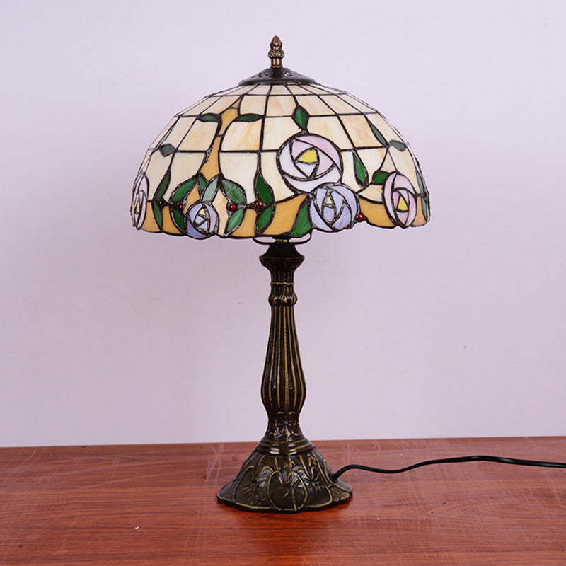 Ludovica - Tiffany Bronze Table Lamp with Rose Patterned Grid Stained Glass Shade