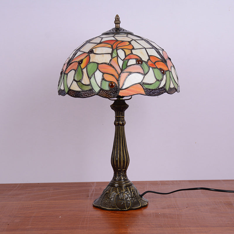 Floral Tiffany Style Bronze Stained Glass Night Lamp - Hand-Cut Table Light With 1 Bulb