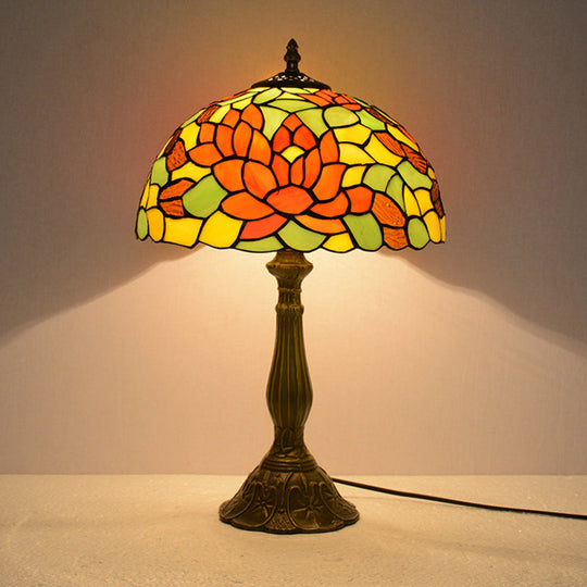 Tiffany-Style Red/Orange Art Glass Table Lamp Bronze Finish Ideal For Living Room Décor Orange