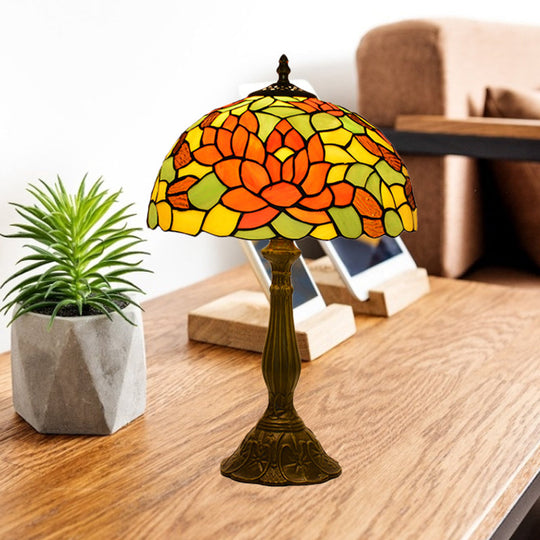 Nolwenn - Rose Rose Night Stand Light Tiffany Red/Orange Art Glass Single Bronze Finish Table Lamp for Living Room