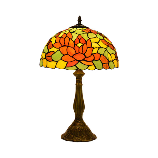 Tiffany-Style Red/Orange Art Glass Table Lamp Bronze Finish Ideal For Living Room Décor