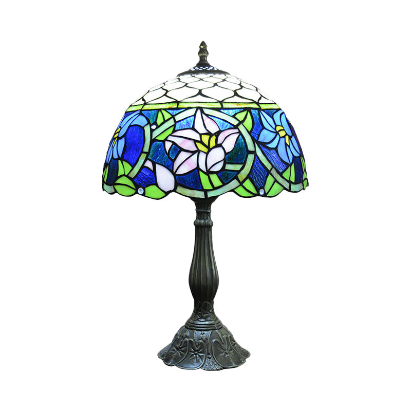 Daffodils Blue Glass Night Light: Mediterranean Bronze Table Lighting With Fishscale Element