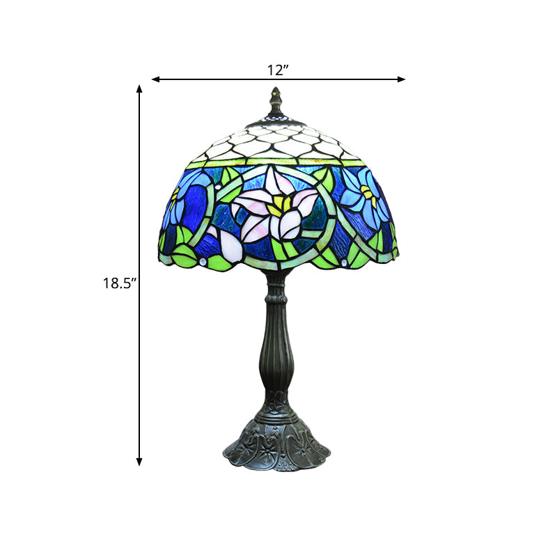Tatiana - Blue Glass Daffodils Night Light: Mediterranean Bronze Table Lamp with