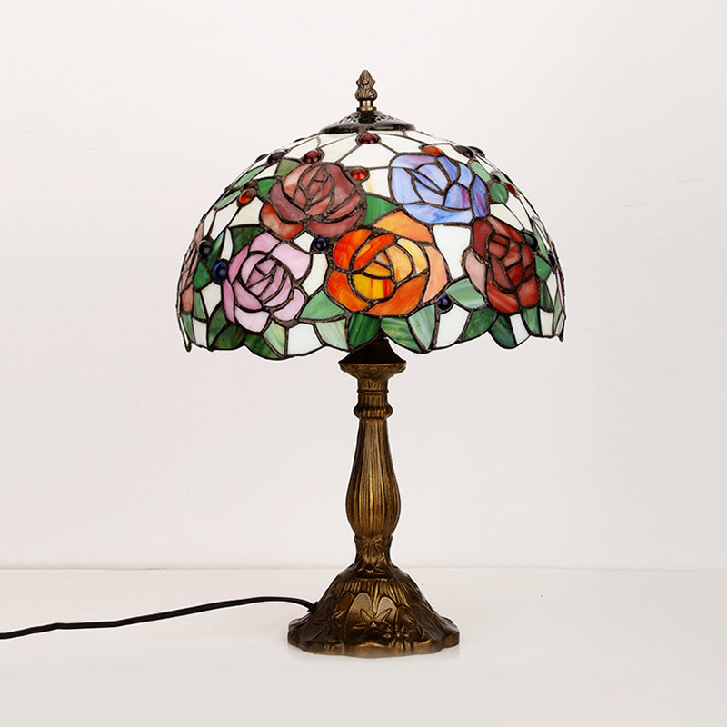 Stefania - Tiffany Bronze 1 Bulb Table Lighting Tiffany Rose Blossom Cut Glass Night Stand Lamp with Cabochons Gemstones
