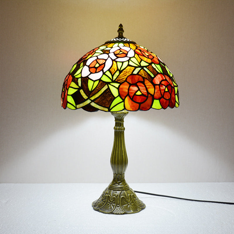Victorian Flower Table Lamp - Red/Orange Stained Glass Nightstand Light For Bedroom Orange