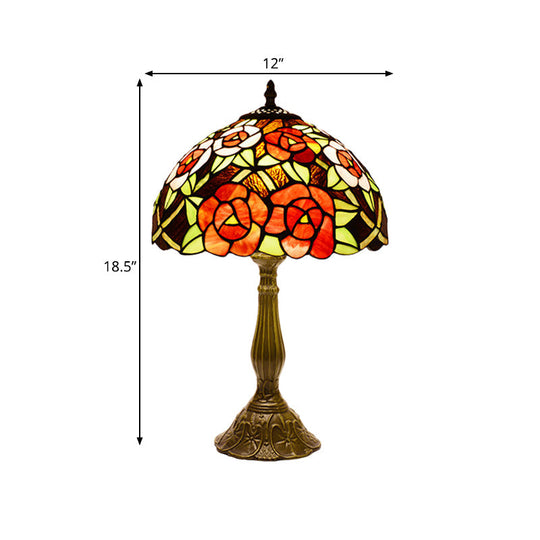 Victorian Flower Table Lamp - Red/Orange Stained Glass Nightstand Light For Bedroom