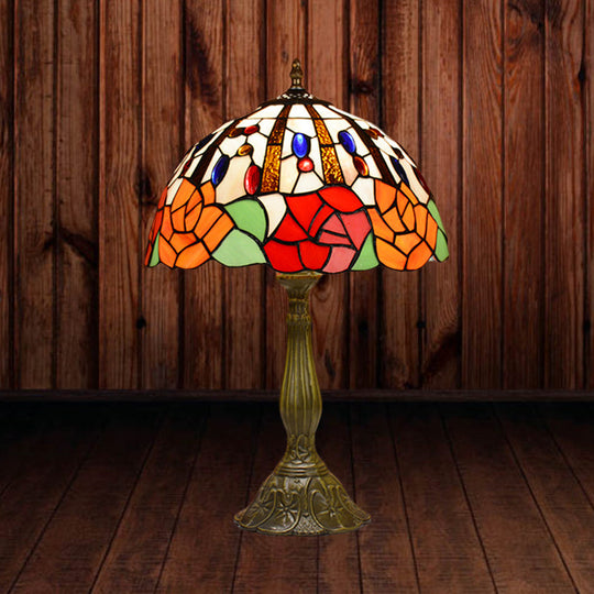 Victorian Flower Table Lamp - Red/Orange Stained Glass Nightstand Light For Bedroom Red