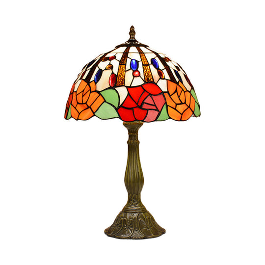 Victorian Flower Table Lamp - Red/Orange Stained Glass Nightstand Light For Bedroom