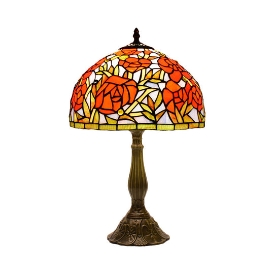Tiffany Handcrafted Peony Blossom Table Light: Pink/Orange Glass Bronze Night Lamp