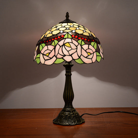 Tiffany Handcrafted Peony Blossom Table Light: Pink/Orange Glass Bronze Night Lamp Pink