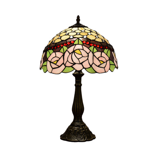 Tiffany Handcrafted Peony Blossom Table Light: Pink/Orange Glass Bronze Night Lamp