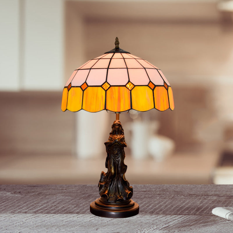 Mélody - Vintage Resin Bronze Night Stand Light Angel Girl 1 Head Vintage Table Lamp with Orange and White Grid Glass Shade