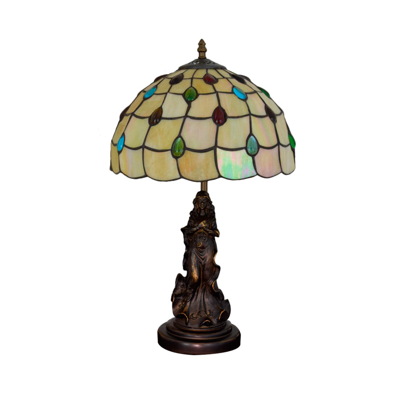 Asellus Secundus - Cabochons Grid Night Light 1-Light Tiffany Table Lamp with Angel Decor