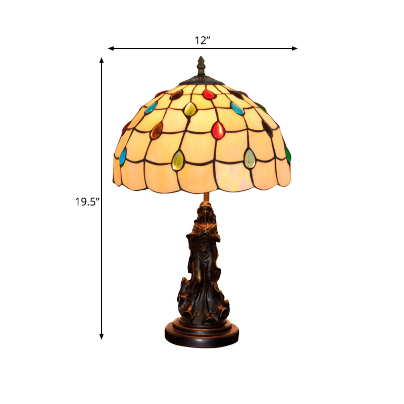 Grid Night Light 1-Light Tiffany Table Lamp With Angel Decor - Cabochon-Embellished White/Beige