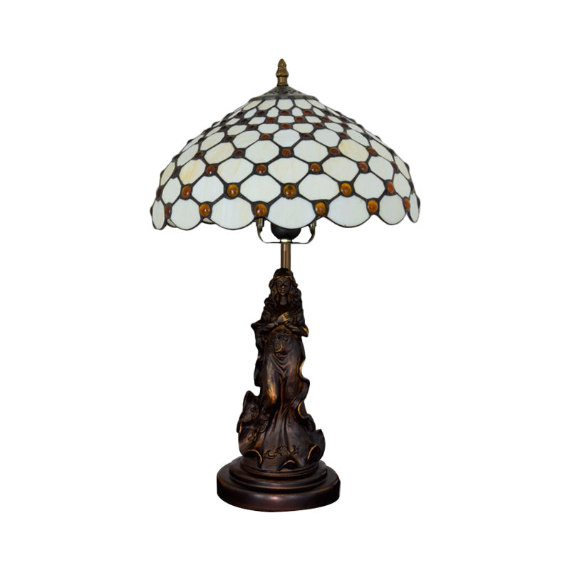 Grid Night Light 1-Light Tiffany Table Lamp With Angel Decor - Cabochon-Embellished White/Beige