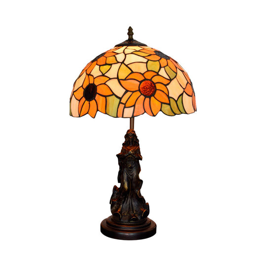 Victorian Style Sunflower Orange Glass Table Lamp - Bronze Nightstand Light With Resin Maid Base