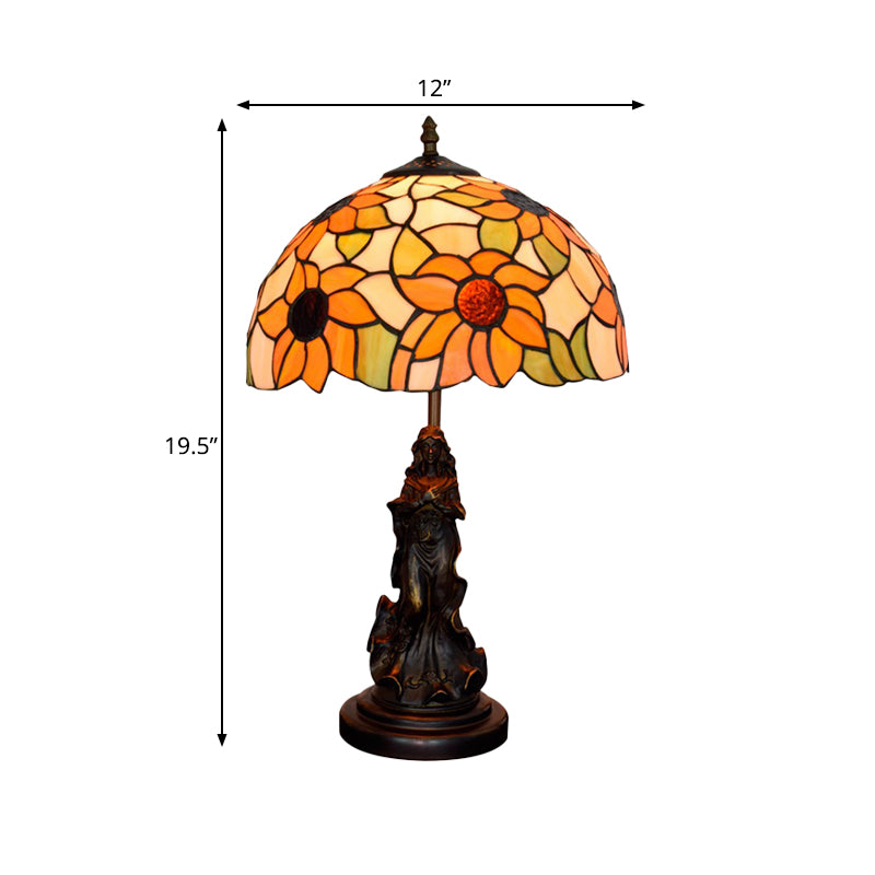 Victorian Style Sunflower Orange Glass Table Lamp - Bronze Nightstand Light With Resin Maid Base
