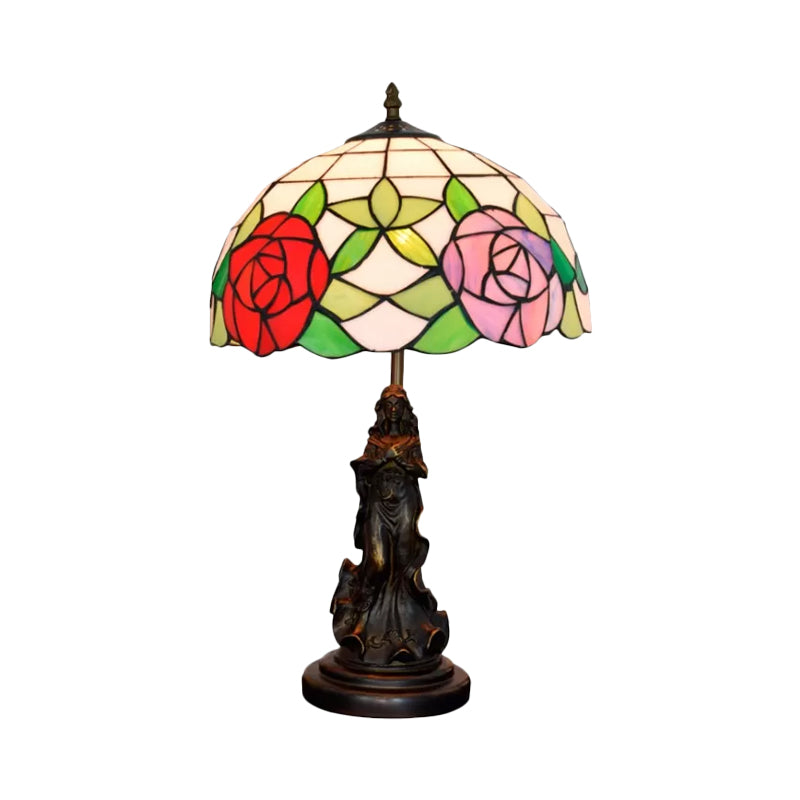 Bronze Beauty Nightstand Lamp: Tiffany Style 1-Bulb Resin Table Light With Floral Pink/Purple Glass