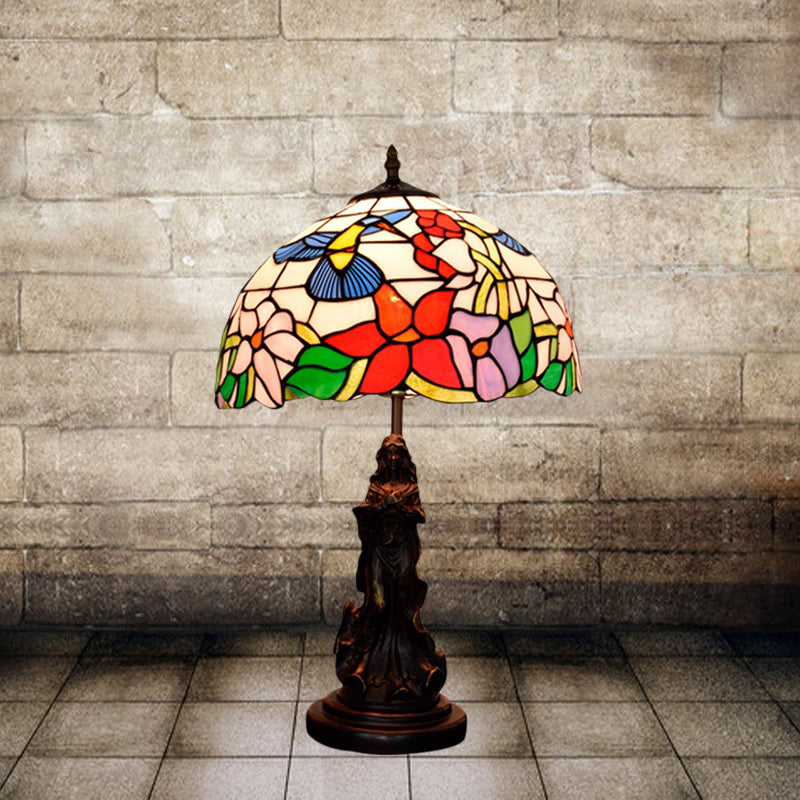 Tiffany-Style Dome Night Lamp With Magpie/Flower Pattern Stained Glass And Angel Pedestal -