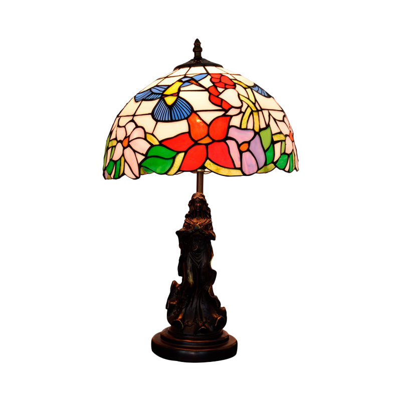 Louise - Tiffany Magpie/Flower Patterned Dome Night Lamp Tiffany White/Beige Stained Glass 1 Head Bronze Table Light with Angel Pedestal
