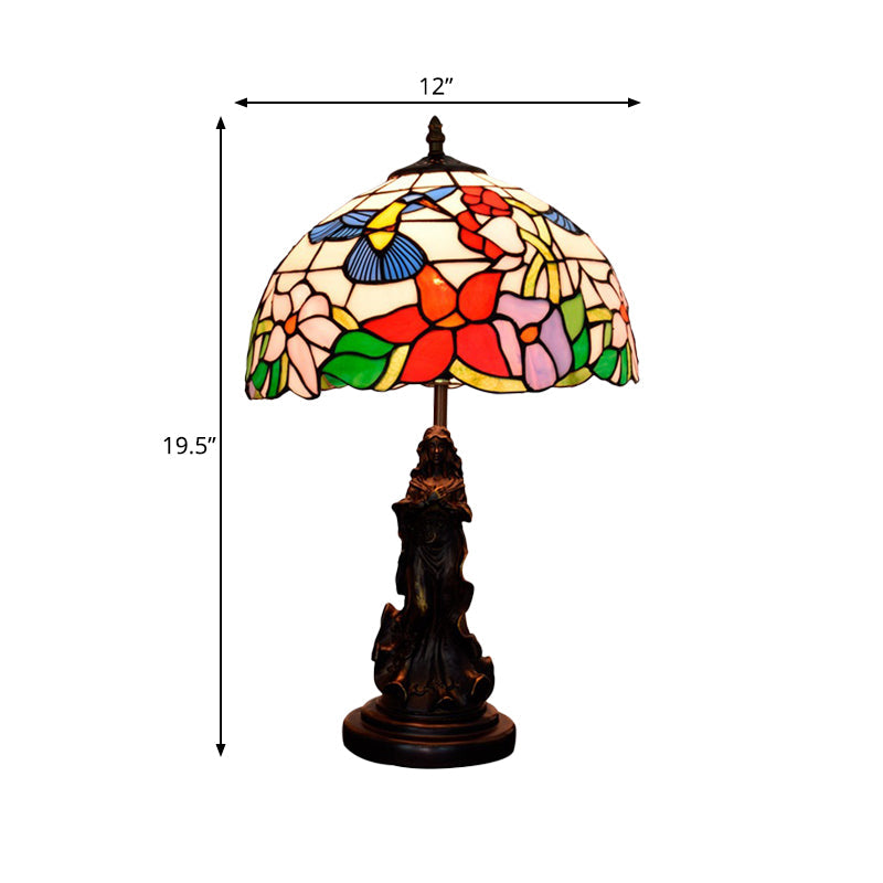 Tiffany-Style Dome Night Lamp With Magpie/Flower Pattern Stained Glass And Angel Pedestal -