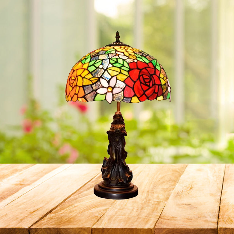 Stained Glass Red/Orange Night Light Flowering Tiffany-Style Table Lamp With Angel Statue Red