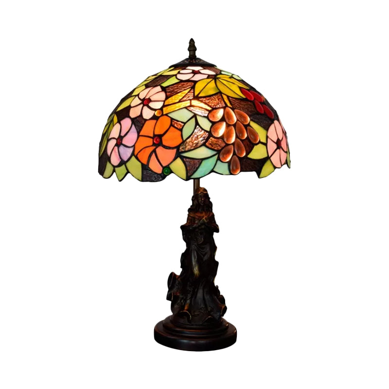 Tiffany Glass Grapes Table Lamp - Baroque Style Brown/Green/White-Brown Night Stand Light With Girl