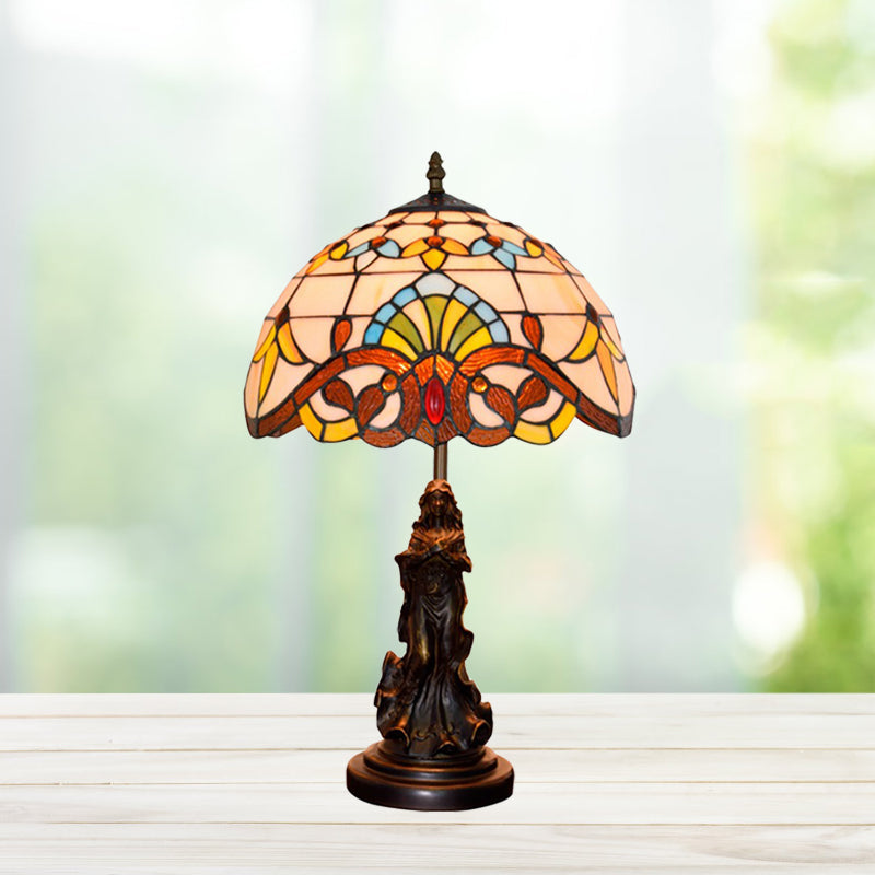 Tiffany Style Stained Glass Dome Table Lamp - Beige/Blue Color Bronze Finish Angel Decoration 1 Bulb