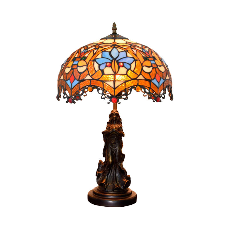 Tiffany Stained Glass Scroll-Trim Scalloped Night Light With Parrot Pattern - Bronze Table Lighting