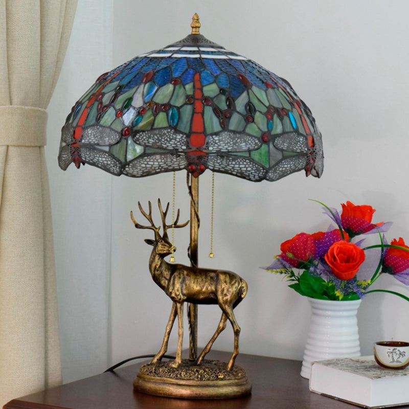 Dragonfly Stained Glass Night Light Mediterranean Style 2-Bulb Table Lamp | Pull Chain & Elk Decor