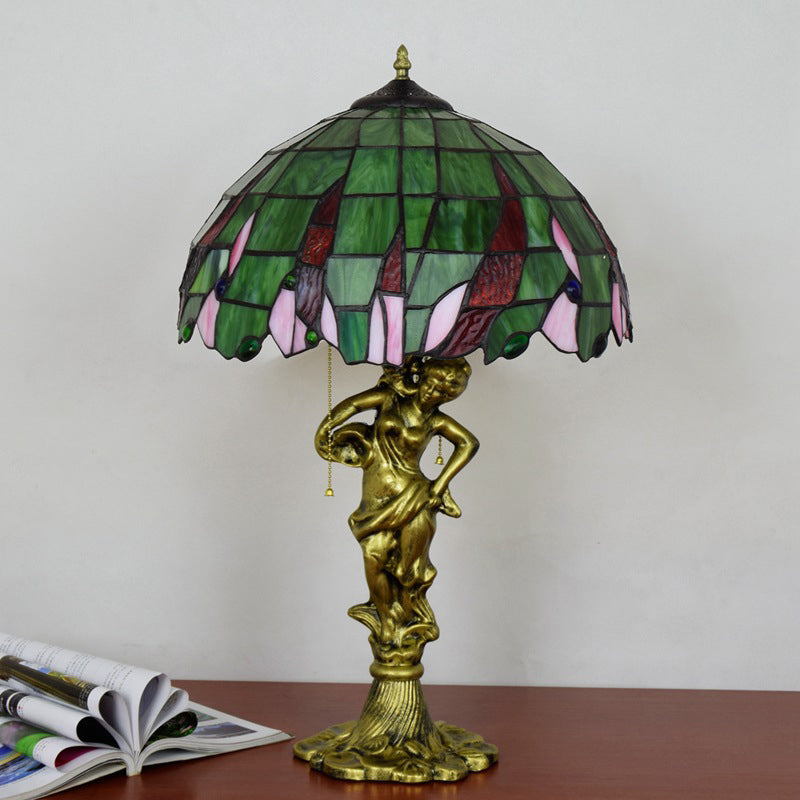 Bronze Lady Table Light: Tiffany Resin Night Lamp With Jewel-Embellished Shade Green