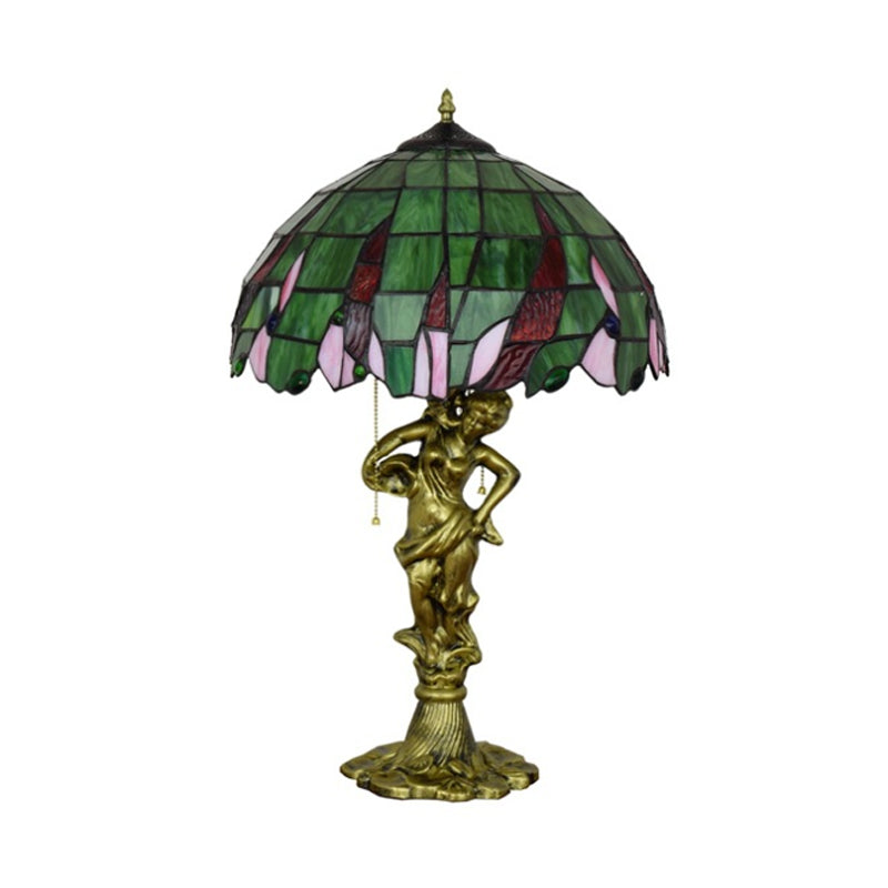 Bronze Lady Table Light: Tiffany Resin Night Lamp With Jewel-Embellished Shade