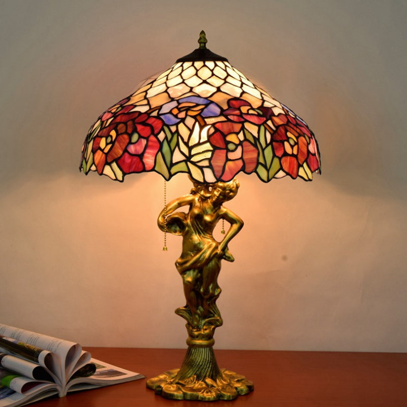 Victorian Stained Glass Table Lamp With Pull Chain - Roseborder Design 3 Heads Bronze Sculpture