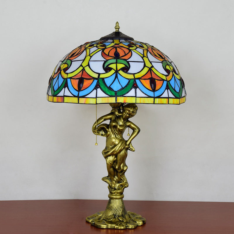 Baroque Stained Glass Table Lamp With Fisher Girl Statue - 3-Bulb Night Stand Light Geometric