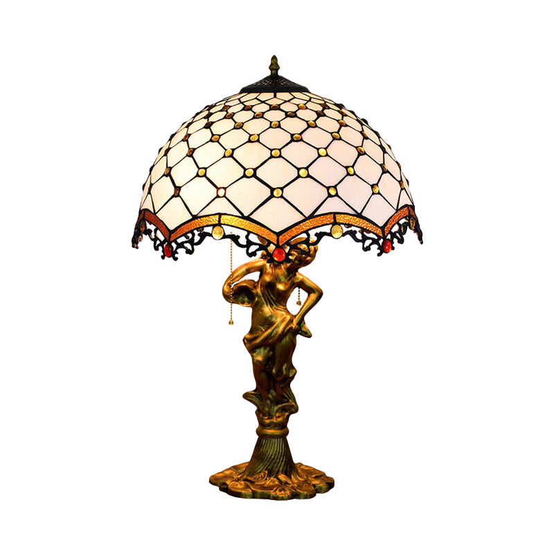 Baroque Blue/White-Brown Glass Parrot Table Lamp With Scalloped-Trim Netting: 3-Light Bronze