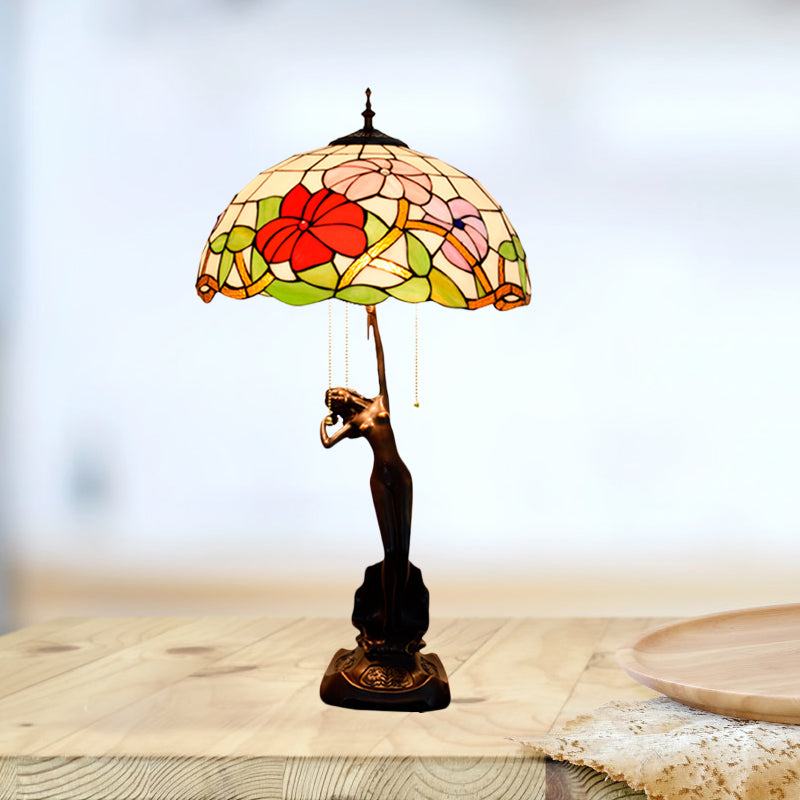 Tiffany-Style Stained Glass Table Lamp: Red/Orange Pull-Chain Nightstand Light With Flowering Design