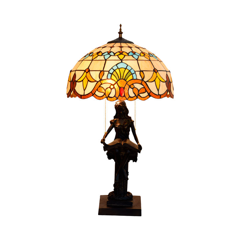 Isla - Girl Studying Tiffany-Style Table Light: 2-Bulb Resin Night Lamp with