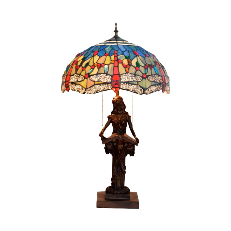 Dragonfly-Edge Night Light Tiffany Table Lamp - 2-Head Yellow/Orange/Green Cut Glass With Pull Chain