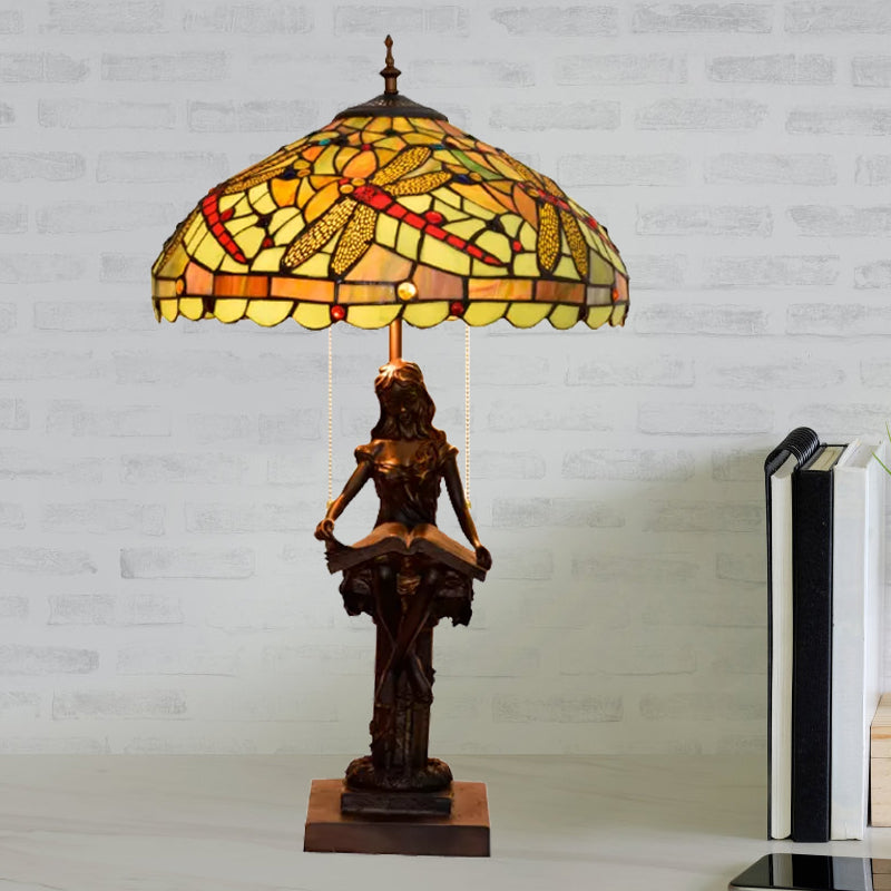 Dragonfly-Edge Night Light Tiffany Table Lamp - 2-Head Yellow/Orange/Green Cut Glass With Pull Chain