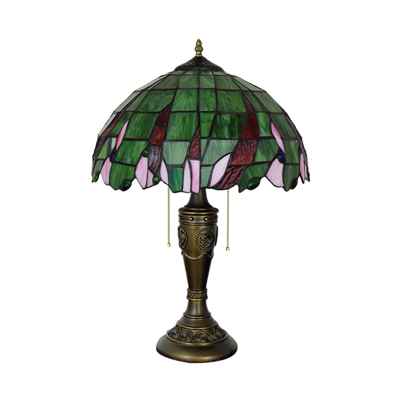 Altais - Tiffany Green Glass Leaf Patterned Bowl Nightstand Light, Bronze Table