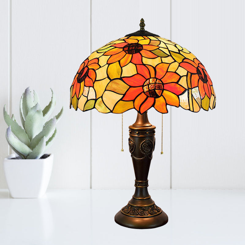 Annabelle - Red/Orange Glass Tiffany Night Lamp with Carved Base
