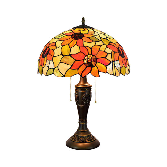 Red/Orange Glass Tiffany Night Lamp - 2 Lights Bronze Pull Chain Carved Base