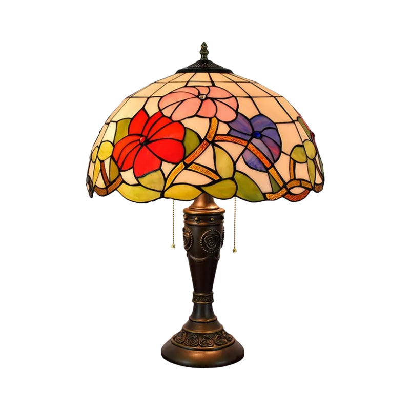 Annabelle - Red/Orange Glass Tiffany Night Lamp with Carved Base