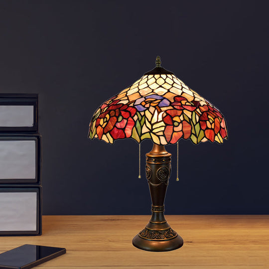 Grazia - Victorian Barn Shade Pull-Chain Night Light Victorian Stained Floral Glass 2-Bulb Bronze Table Lamp for Living Room