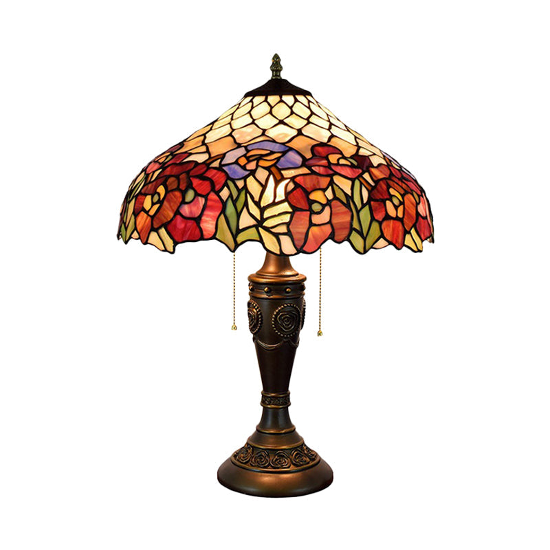 Grazia - Victorian Barn Shade Pull-Chain Night Light Victorian Stained Floral Glass 2-Bulb Bronze Table Lamp for Living Room